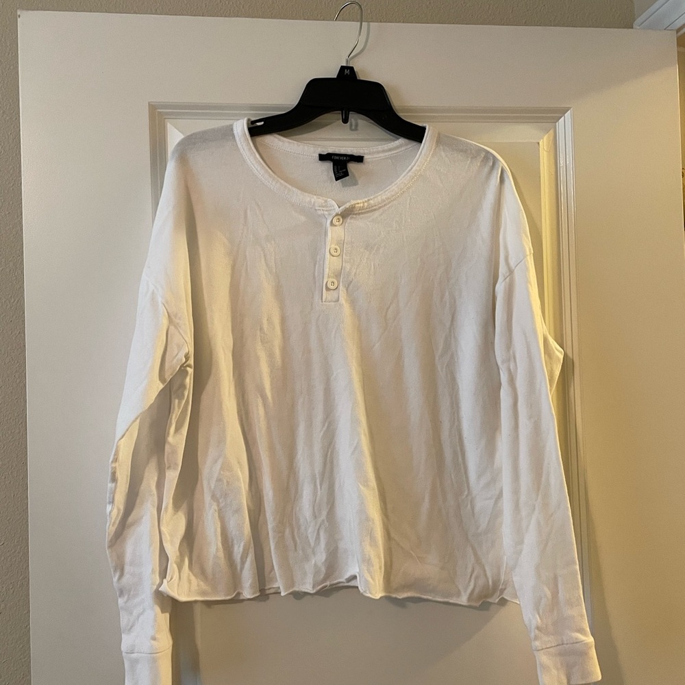 Forever 21 Raw Hem White Henley long sleeve